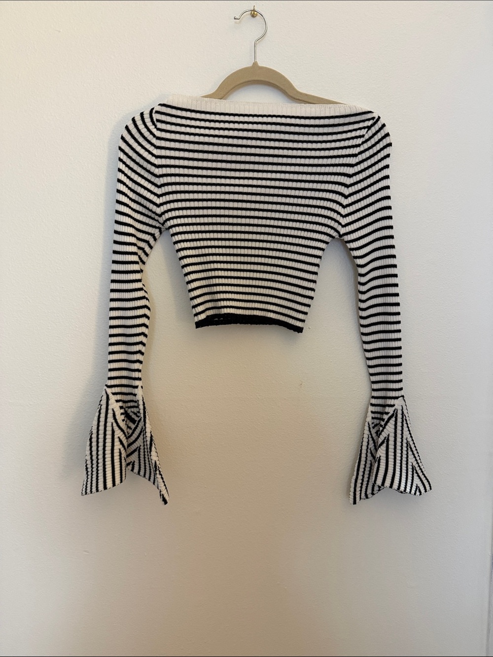 Striped Black & White Cropped Bell-Sleeve Top